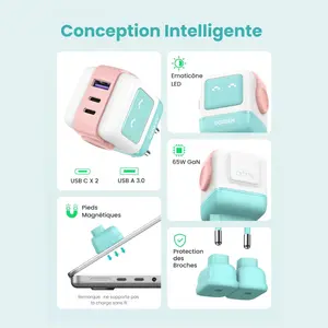 UGREEN Uno 65W 3 Ports USB C Charger GaNFast Cute Robot Shape, 2 USB-C and 1 USB-A, LED Emoticon Display, Pink Blue, 35855
