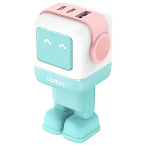 UGREEN Uno 65W 3 Ports USB C Charger GaNFast Cute Robot Shape, 2 USB-C and 1 USB-A, LED Emoticon Display, Pink Blue, 35855