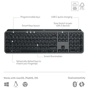 Logitech MX Keys S Wireless Keyboard, Low Profile, Quiet Typing, Programmable Keys, Backlighting, Bluetooth, USB-C Rechargeable, Graphite, 920-011563