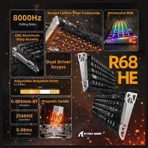 ATTACK SHARK R68 HE Carbon Fiber Rapid Trigger Keyboard, 60% Wired 8000Hz, Magnetic Switch, 0.005mm RT Accuracy, Full RGB Backlighting, Ink Shade