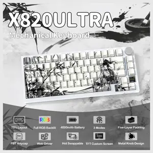 ATTACK SHARK X820Ultra Tri-mode Gasket Mechanical Keyboard, 75% ANSI Layout, Bluetooth 5.1 and 2.4G Wireless and Type-C Wired, TFT Smart Display and Knob, Hot-Swappable, QMK, RGB, Dark Warrior