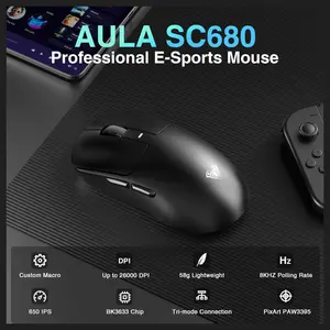 AULA SC680 Wireless Gaming Mouse, Tri-Mode 2.4GHz USB-C and BT5.2, PAW3395 Sensor, 26000 DPI, 8K Polling Rate, 500mAh Battery Up to 75Hrs, Black