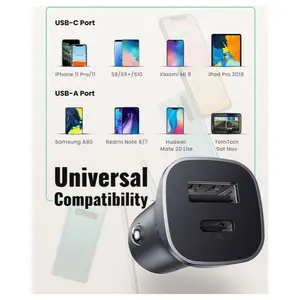 UGREEN 2-Port Car Charger, 24W Max Output, 20W USB-C PD and 18W USB-A QC 3.0, Model 30780