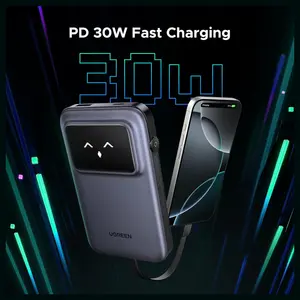 UGREEN Uno Power Bank 10000mAh 30W, PD Fast Charging, Built-in USB-C Cable, TFT Digital Display, Triple-Port Design, 35603B PB511