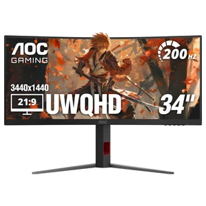 AOC CU34G4H 34 Inch Curved Gaming Monitor, 3440x1440 UWQHD VA 200Hz, 0.3ms MPRT, Adaptive-Sync and HDR Ready, DP1.4 and HDMI2.0