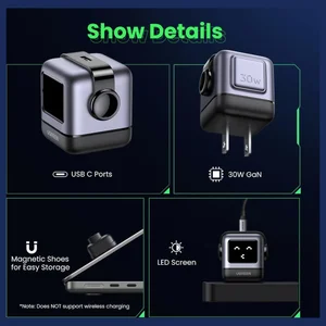 UGREEN Uno RG 30W USB-C GaN Charger, LED Screen, Foldable Plug, Black, 15550