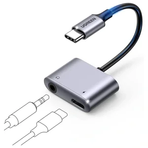 UGREEN 2-in-1 USB-C to 3.5mm Audio Adapter, Up to 60W PD 3.0 and QC 3.0 Charging, Built-In DAC Up to 24-bit/96kHz, Listen and Take Calls While Charging, 60164