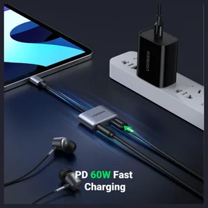 UGREEN 2-in-1 USB-C to 3.5mm Audio Adapter, Up to 60W PD 3.0 and QC 3.0 Charging, Built-In DAC Up to 24-bit/96kHz, Listen and Take Calls While Charging, 60164