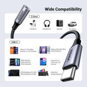 UGREEN USB-C to 3.5mm Audio Adapter, Type C to Aux 24bit/96KHz, HiFi DAC, In-Line Control for Volume and Calling, Grey, 80154