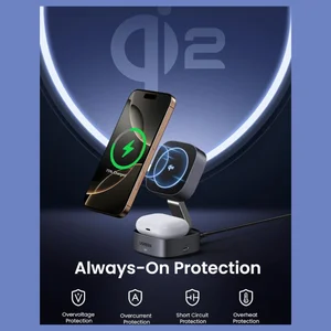 UGREEN MagFlow Qi2 15W 2-in-1 Foldable Wireless Charging Station, Qi2 Certified 15W Wireless Charging, 15W Phone and 5W Earbuds, N48*16 Magnets, Model 35316