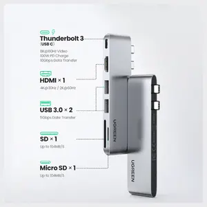 UGREEN 6-in-1 USB-C Multifunction HUB Adapter, HDMI 4K at 30Hz, Thunderbolt 3 6K at 60Hz, 2x USB-A 3.0 5Gbps, 100W PD, SD and TF Card Reader, 80856