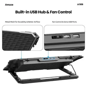 AMAZE 6 Fan Laptop Cooling Pad, 6-Level Height Adjustment, Supports up to 16", Fan Speed Controller, 2 USB Ports, Blue Fan Lighting, A506