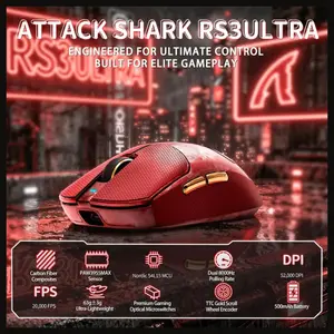 Attack Shark RS3 Ultra Carbon Fiber Wireless Gaming Mouse, PAW3955MAX Optical Sensor, 52000 DPI, Dual 8K Polling Rate, Nordic 54L15 MCU, 100M Optical Switches, 500mAh Battery, Red