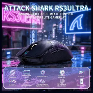 Attack Shark RS3 Ultra Carbon Fiber Wireless Gaming Mouse, PAW3955MAX Optical Sensor, 52000 DPI, Dual 8K Polling Rate, Nordic 54L15 MCU, 100M Optical Switches, 500mAh Battery, Black