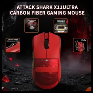 Attack Shark X11 Ultra 8K Carbon Fiber Wireless Gaming Mouse, Nordic 54L15 MCU, PAW3950MAX Sensor, 42000 DPI, Tri-Mode BT/2.4Ghz/Wired, Dual 8000Hz Polling Rate, 63g Superlight, Red