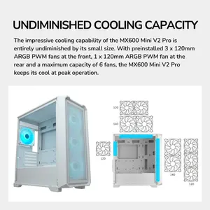 Cougar MX600 Mini V2 Pro Mini-Tower mATX Gaming PC Case, 4x ARGB PWM Fans, 360mm Radiator Support, Perforated Front Panel, USB 3.2 Gen 2x1 Type-C, White