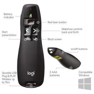Logitech Wireless Presenter R400 USB-A PowerPoint Clicker with Class 2 Red Laser, 2.4GHz RF Wireless, Up to 50-Foot Range