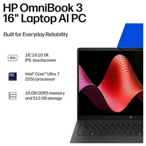 HP OmniBook 3 16" 2K Touchscreen Laptop, Intel Core Ultra 7 Series 2 255U, 16GB DDR5 5600MHz RAM, 512GB PCIe 4.0 SSD, Intel Graphics, Windows 11 Home, Mica Silver 16-BU0007DX