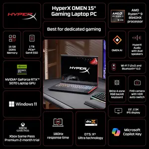 HP OMEN HyperX Gaming Laptop 15-GB0090WM, AMD Ryzen 9 8940HX, NVIDIA GeForce RTX 5070 8GB GDDR7, 16GB DDR5 RAM, 1TB NVMe SSD, 15.3" 2.5K IPS 180Hz, Windows 11, Shadow Black