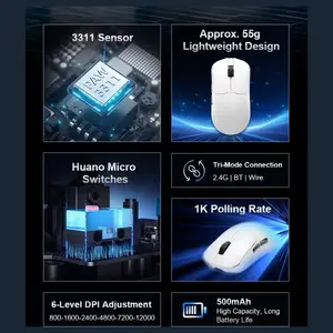Aula SC380Pro Gaming Mouse, 55g Lightweight, PixArt 3311 Sensor, Up to 12,000 DPI, 1000Hz Polling Rate, Tri-Mode 2.4G Wireless Bluetooth and Wired, Charging Dock, White