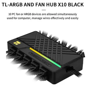 Thermalright ARGB and Fan HUB X10 IR - 10-Port All-in-One Controller, 10 PWM Fan and 10 ARGB Headers, 5V 3-Pin ARGB and 4-Pin PWM Compatibility, SATA Powered, IR Remote Control, Black