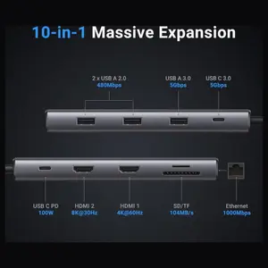 Ugreen Revodok Pro 210 Docking Station, 10-in-1 USB-C Dock Dual HDMI 4K@60Hz Single 8K@30Hz, 100W PD, 5Gbps USB-C and USB-A Data Ports, Gigabit Ethernet, SD and TF Card Reader, 15534