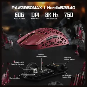 ATTACK SHARK R5 Ultra Wireless Gaming Mouse, 42K DPI PAW3950 MAX Sensor, 8K Polling Rate, 39g Carbon Fiber, Wired Bluetooth and 2.4GHz, Red