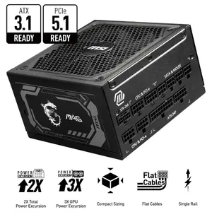 MSI MAG A1250GL PCIE5 Fully Modular Compact Gaming Power Supply, 1250W, 80 Plus Gold, ATX 3.1 and PCIe 5.1 Ready, Native Dual-Color 12V-2x6 Cable
