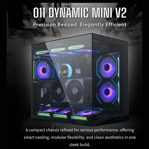 Lian Li O11D Mini V2 Compact ATX Mid-Tower PC Case, Pillar-Less Tempered Glass, Adjustable I-O, GPU Anti-Sag Brackets, Black