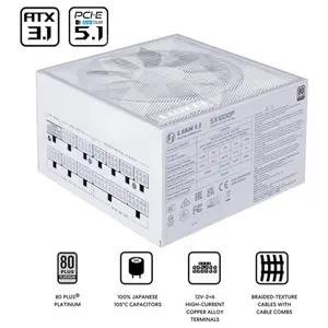 Lian Li SX Series Modular Power Supply, 80 PLUS Platinum Efficiency, ATX 3.1 and PCIe 5.1 Compliant, Fully Modular Braided Cables, 120mm FDB Fan With Zero RPM Mode, 1000W, White SX1000P