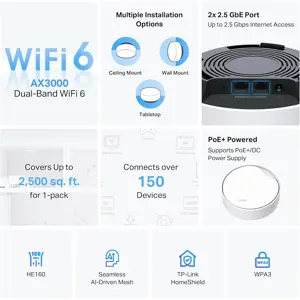 TP-Link Deco X50-PoE AX3000 Mesh WiFi 6, PoE Powered, 2 x 2.5G Ports, Ceiling or Wall Mount, Deco X50-PoE 1-Pack