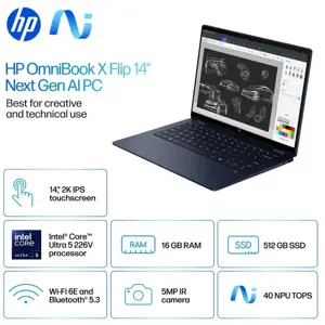 HP OmniBook X FlipNGAI 14-FM0013DX Laptop, Intel Core Ultra 5 226V, 16GB LPDDR5x, 512GB PCIe Gen4 NVMe M.2 SSD, Windows 11 Home, Backlit Keyboard, 14″ 2K Touchscreen, Atmospheric Blue