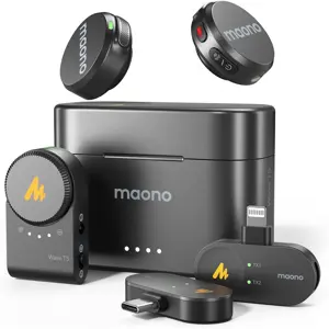 Maono Wave T5 Wireless Lavalier Microphone, AI Noise Cancellation, 2 Microphones, Camera, USB Type-C And Lightning, WM650 PA3