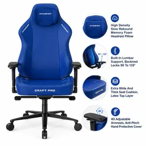 DXRacer Craft Pro Plus Craft Series Classic Gaming Chair, Extra Wide And Thick Seat Cushion, 4D Adjustable Armrests, Built-In Lumbar Support, Memory Foam Headrest, Indigo, CRA-PR001-I-H1