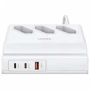 USAMS US-CC160 P1 USB Extension Socket, 65W Super Si Fast Charging, 3 AC Outlets, 2 Type-C and 1 USB Ports, QC and Dual PD, 110-240V 50HZ 10A