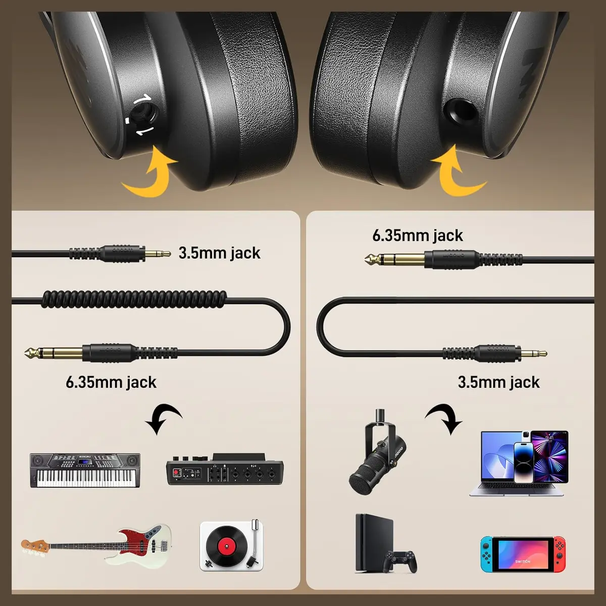 MAONO MH700 Gaming Headphones Over Ear Wired Headset 50mm Driver 3.5mm to 6.35mm Jack Black