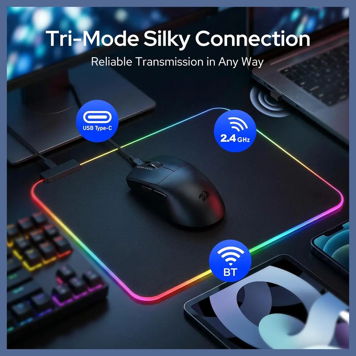 Redragon KING Ultra M999 Wireless Gaming Mouse, Tri-Mode Wired 2.4GHz and BT 5.1, 45000 DPI Max, Magnetic RGB Charging Dock, 4 Programmable Buttons, Black