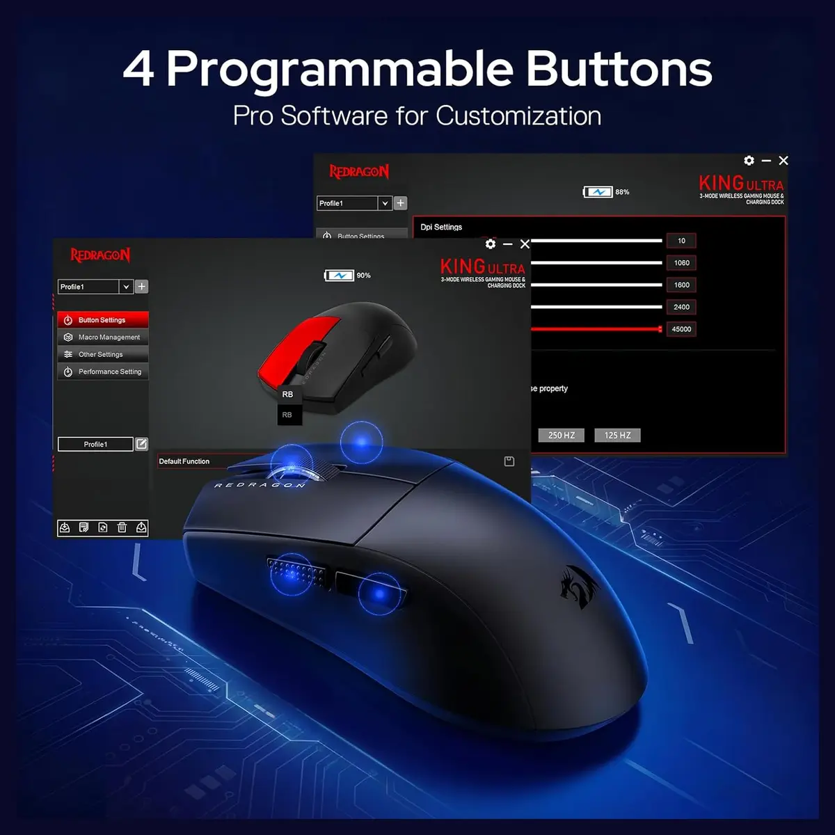 Redragon KING Ultra M999 Wireless Gaming Mouse, Tri-Mode Wired 2.4GHz and BT 5.1, 45000 DPI Max, Magnetic RGB Charging Dock, 4 Programmable Buttons, Black
