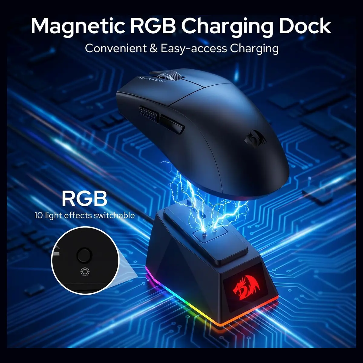 Redragon KING Ultra M999 Wireless Gaming Mouse, Tri-Mode Wired 2.4GHz and BT 5.1, 45000 DPI Max, Magnetic RGB Charging Dock, 4 Programmable Buttons, Black