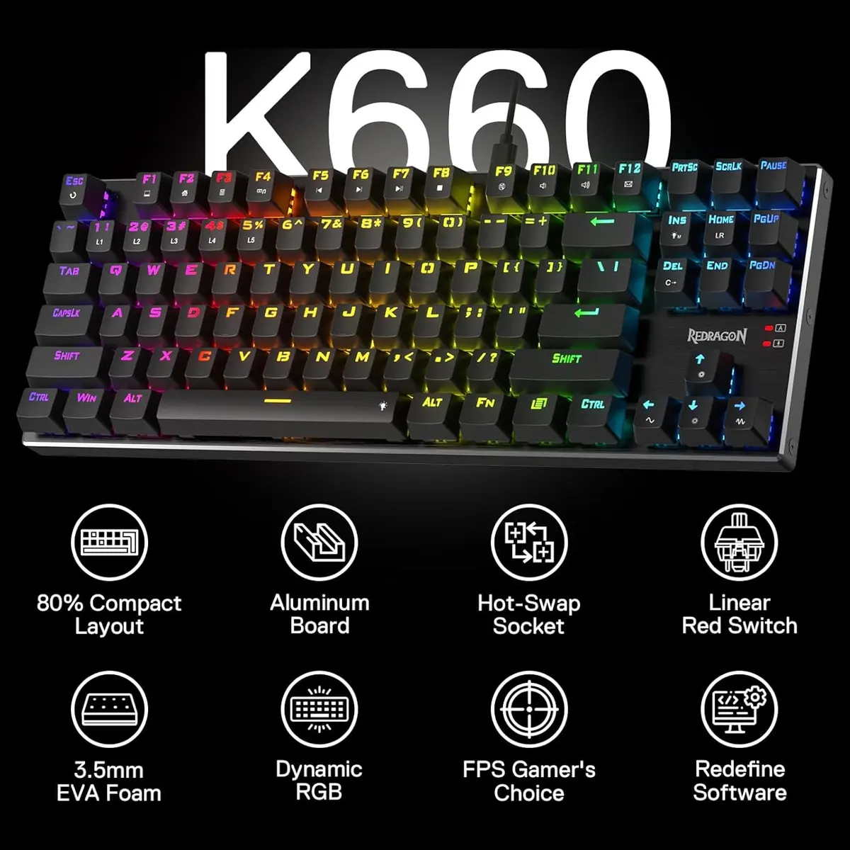 Redragon DHARMA TKL K660 RGB Wired Gaming Keyboard, 80% 87 Keys Mechanical Keyboard, Aluminum Base, Hot-Swap Socket, Noise Absorbing Foams, Quiet Linear Red Switch