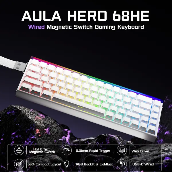 AULA Hero 68 HE Hall Effect Rapid Trigger Magnetic Switch Gaming Keyboard | Model: Hero 68 HE, Compact 65% Layout (68 Keys), Magnetic Hall Effect Switches, 8000Hz Ultra-High Polling Rate (0.125ms Latency), Adjustable Actuation Point (0.1mm to 4.0mm w