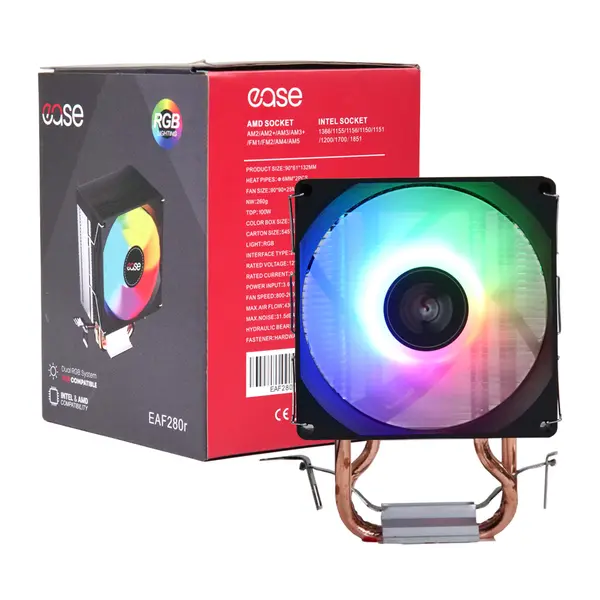 EASE EAF280R CPU Air Cooler | 2 Heat Pipes | TDP 100W | RGB Fan | 2600 RPM | 43 CFM Airflow | AM4 / AM5 / LGA1700 / LGA1851 / LGA1200 | Budget Air Cooling Solution | Copper Heat Pipes