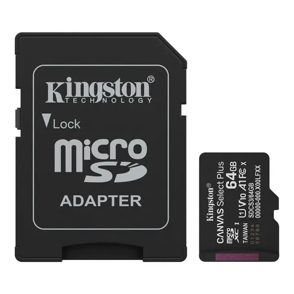 Kingston Canvas Select Plus 64GB microSDXC Memory Card with Full-Size SD Adapter | Model: SDCS2/64GB, UHS-I Class 10, Speed Class U1, Video Speed Class V10, App Performance Class A1, Up to 100MB/s Read Speed & Full HD Video Recording