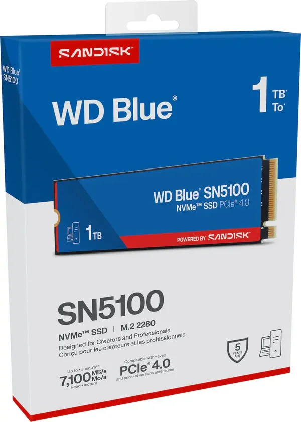 Western Digital WD Blue SN5100 1TB PCIe Gen4 NVMe M.2 2280 Internal Solid State Drive | Model: WDS100T5B0E-00CPE0, PCIe 4.0 x4 Interface, High-Speed Read/Write Performance, Western Digital nCache 4.0 Technology & Dashboard Management