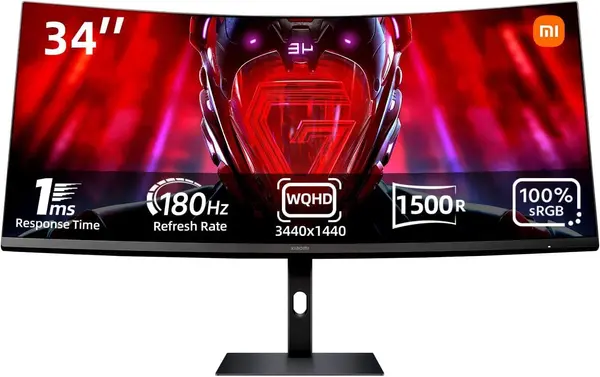 Xiaomi G34WQi 34" Ultrawide WQHD Curved 180Hz Gaming Monitor – C34WQBA-RGGL (3440×1440 / 1500R Curvature / 21:9 Aspect Ratio / 1ms MPRT / AMD FreeSync Premium / 95% DCI-P3 & 100% sRGB / ΔE<2 / Tilt-Adjustable Stand)