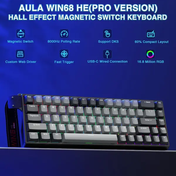 AULA WIN68 HE Pro 65% Wired Hall Effect Magnetic Gaming Keyboard – Grey (Meteor Magnetic Switch / 8000Hz Polling Rate / 0.2ms Latency / 0.02mm Rapid Trigger / South-Facing RGB / Web Driver)