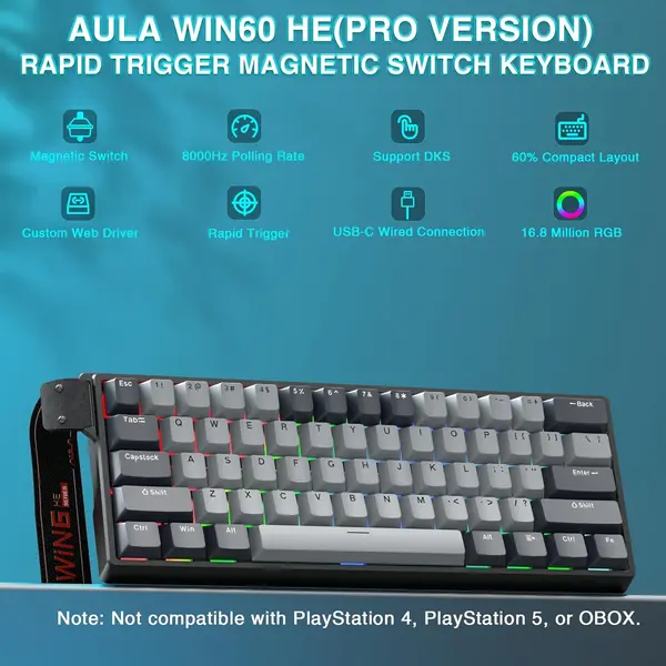 AULA WIN60 HE Pro 60% Wired Hall Effect Magnetic Gaming Keyboard (Meteor Magnetic Switches / 8000Hz Polling Rate / 4K Scanning / 0.02mm Rapid Trigger / 0.2ms Latency / South-Facing RGB / Hot-Swappable)