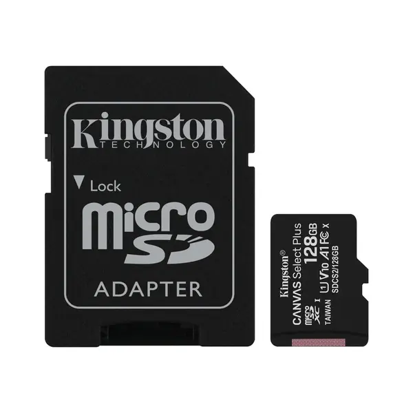 Kingston Canvas Select Plus 128GB microSDXC Memory Card with Full-Size SD Adapter | Model: SDCS2/128GB, UHS-I Class 10, Speed Class U1, Video Speed Class V10, App Performance Class A1, Up to 100MB/s Read Speed & Full HD Video Recording