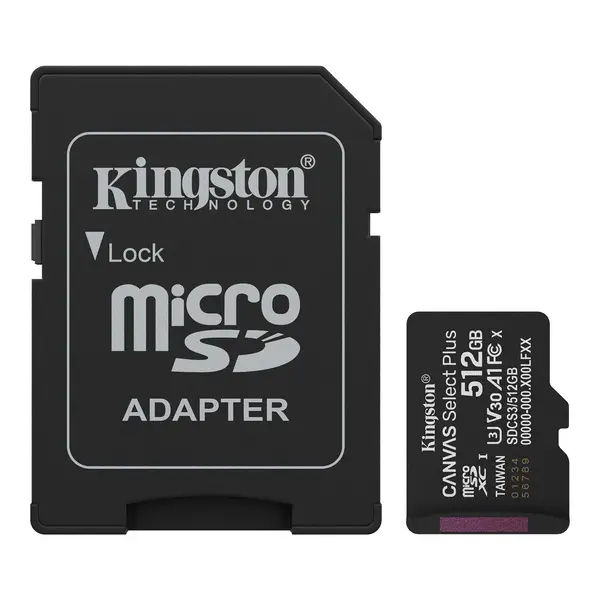 Kingston Canvas Select Plus 512GB microSDXC Memory Card with Full-Size SD Adapter | Model: SDCS2/512GB, UHS-I Class 10, Speed Class U1, Video Speed Class V10, App Performance Class A1, Up to 100MB/s Read Speed & Full HD Video Recording