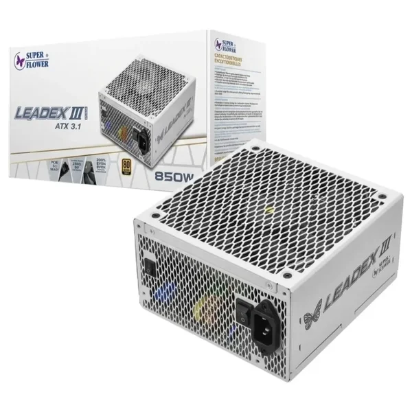 Super Flower Leadex III Gold 850W 80 PLUS & Cybenetics Gold Fully Modular ATX 3.1 & PCIe 5.1 Power Supply – White – SF-850F14GE (Native 12V-2x6 Cable / 100% Japanese 105°C Capacitors / 140mm FDB Fan with Zero-RPM ECO Mode / Ultra-Flexible White Ribbo